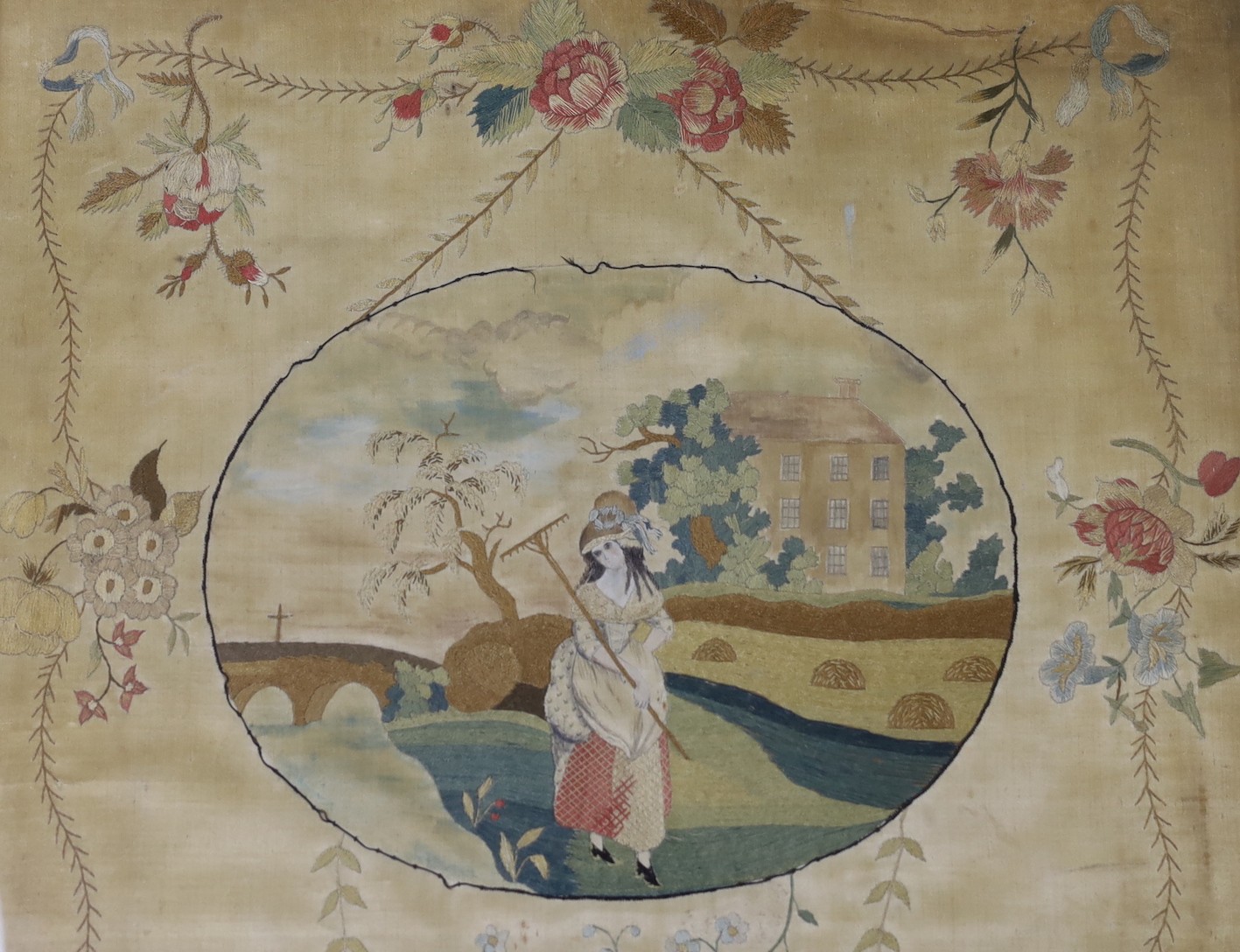 A maple framed George III silk panel of lady in harvest by Margaret Wilson, 1799inscription verso, 37 x 37cm